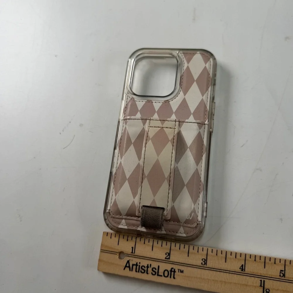 WALLI iPhone 16 Pro Case Tan Cream Diamond Print Finger Strap Card Holder